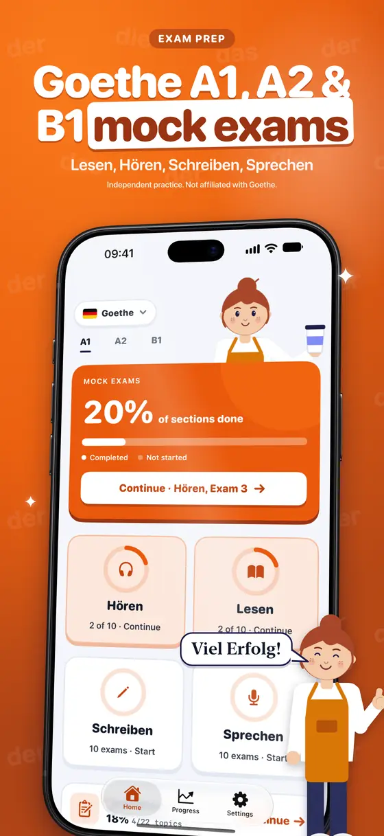 Lingotivo home screen with the Goethe A1, A2 and B1 mock exam progress card and the four module tiles: Hören, Lesen, Schreiben and Sprechen.