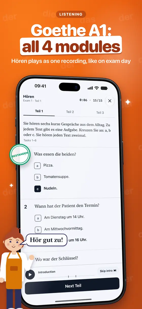 A Goethe Hören paper on iPhone: Teil tabs, a timer, multiple-choice questions and the recording player.