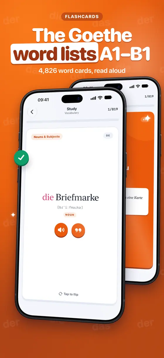 A Goethe word card: die Briefmarke with its pronunciation and a recording, ready to flip.