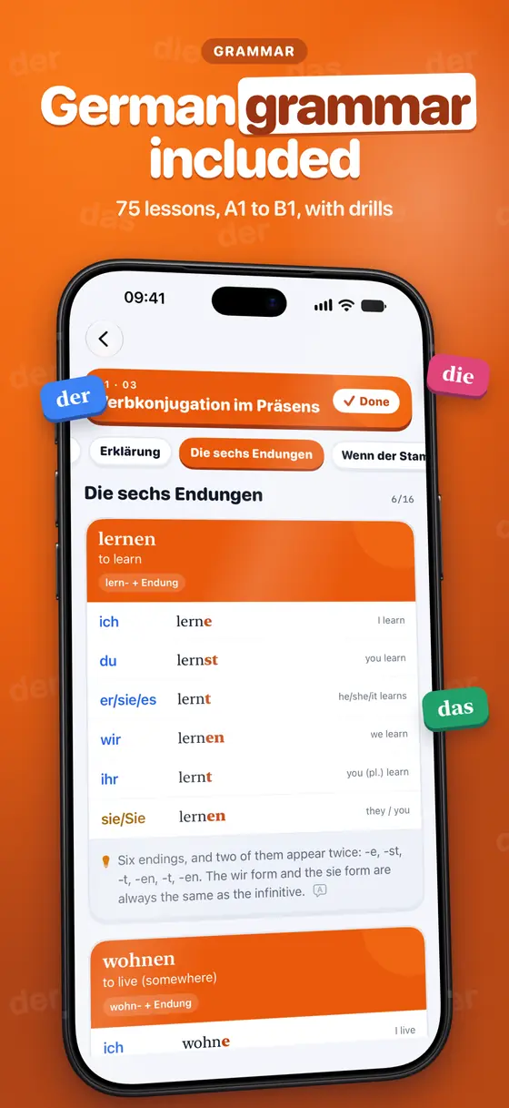 A German grammar lesson on verb conjugation: the six endings of lernen.