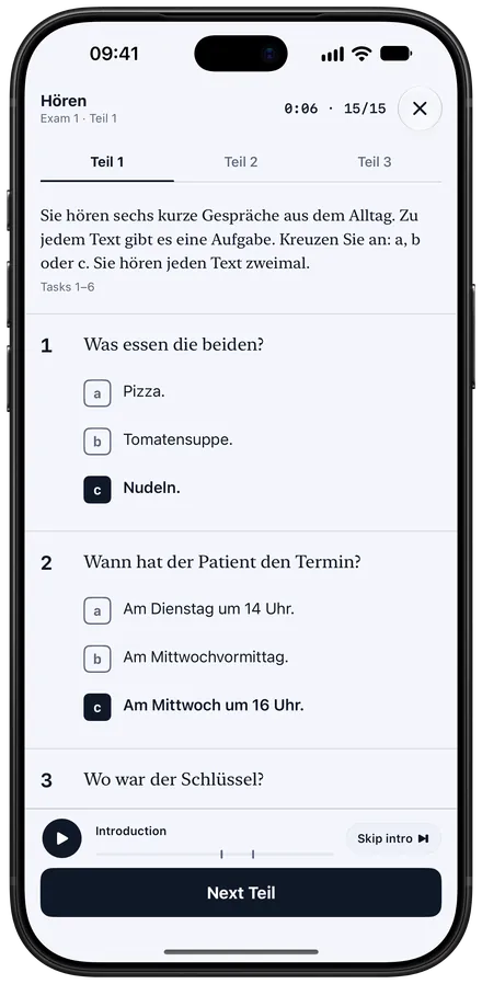 A Goethe Hören paper on iPhone: Teil tabs, multiple-choice questions and the recording player.