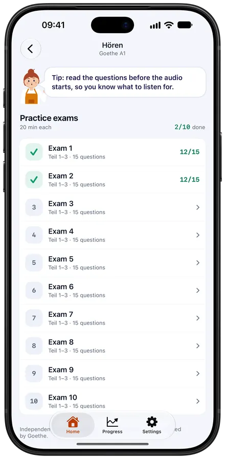 The ten Goethe A1 Hören practice exams on iPhone, two of them done.