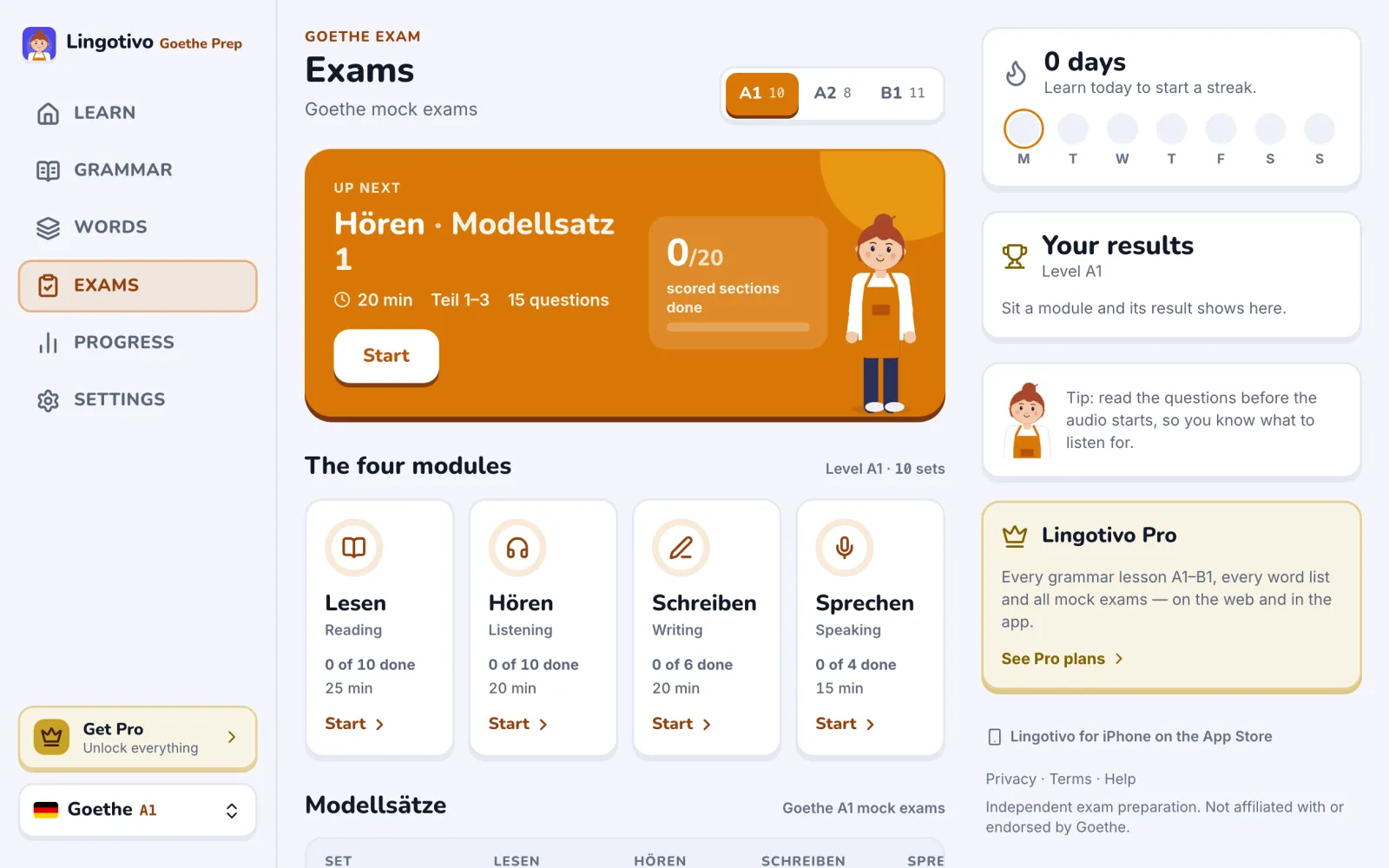 The Goethe course on goethe.lingotivo.com in a browser: the exams page with the next paper, the four modules and the mock exams.